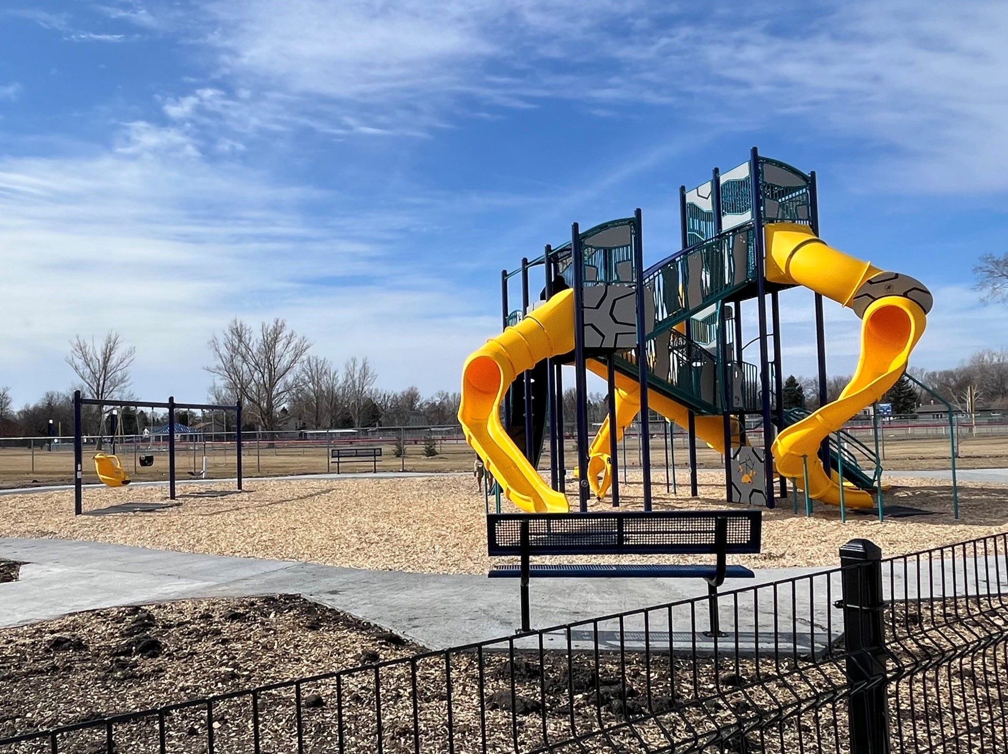 Two bay swing set with four swings total on the left.  Multi-level navy and grey play structure with four yellow tube slides.