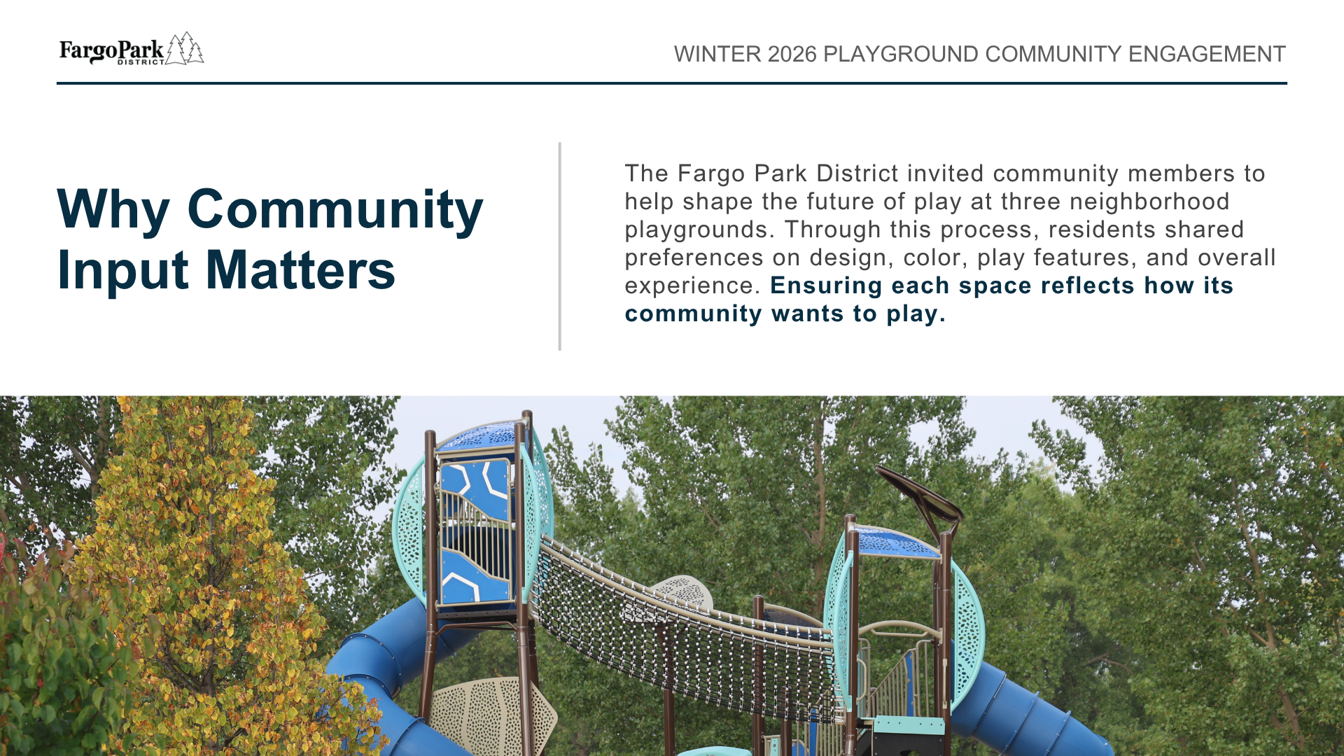 Slide titled “Why Community Input Matters” explaining that Fargo Park District invited residents to help shape three neighborhood playgrounds by sharing preferences on design, color, play features, and overall experience. Decorative image of a playground appears below.