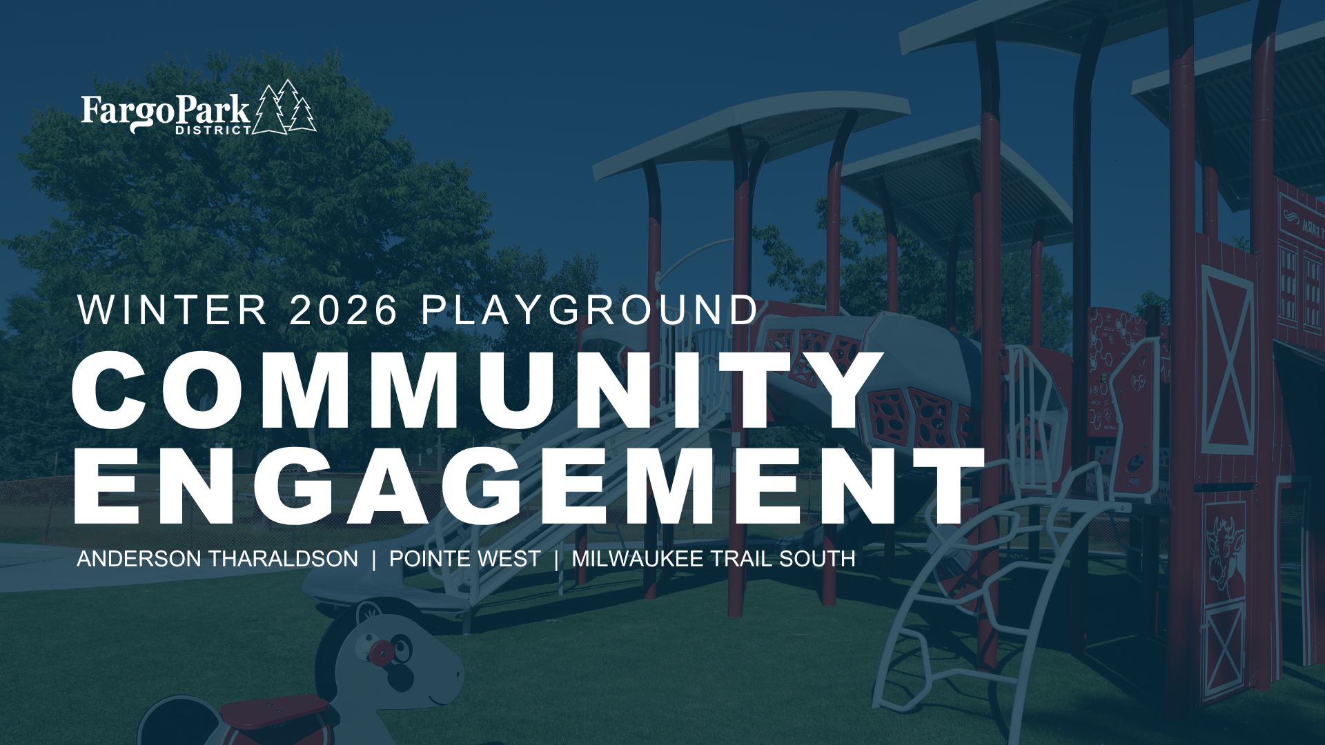Winter 2026 playground community engagement cover slide for Fargo Park District, featuring Anderson Tharaldson, Pointe West, and Milwaukee Trail South over a playground background image.