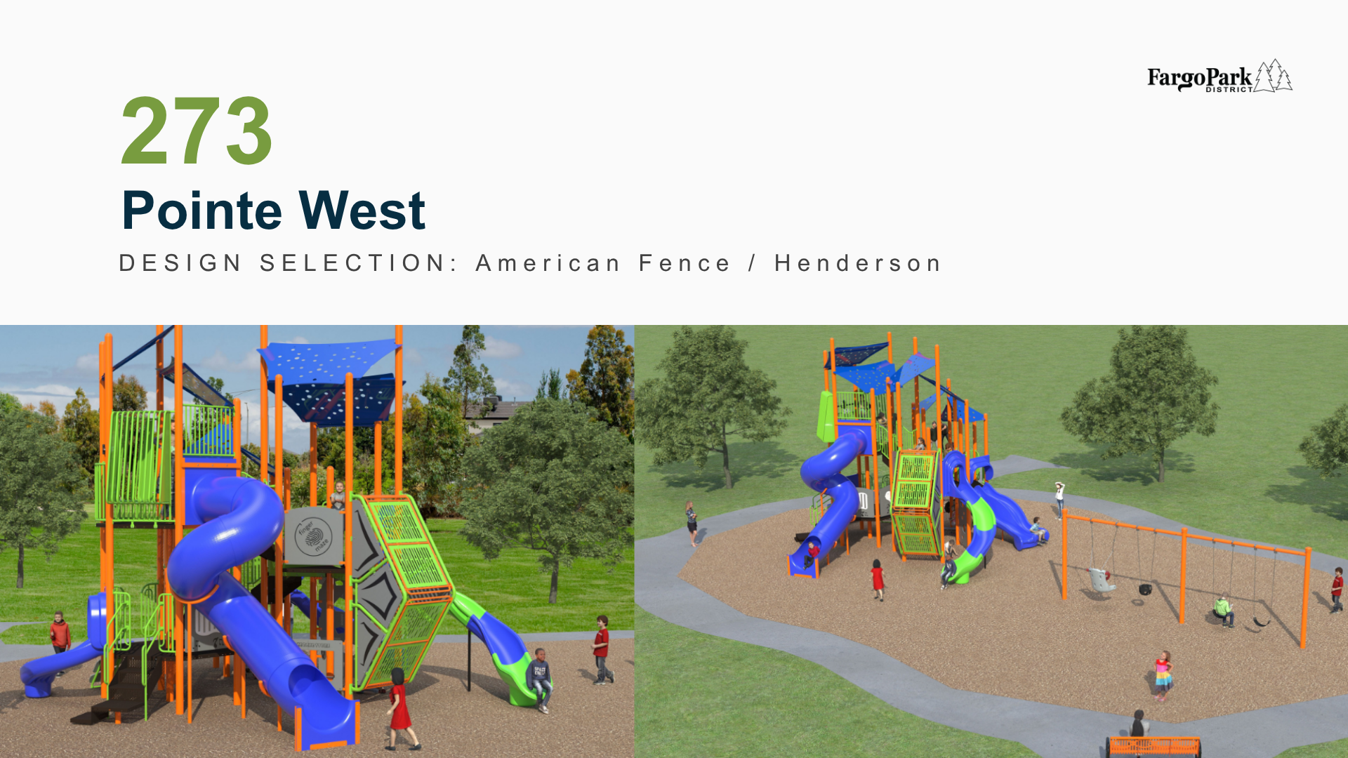 Slide showing Pointe West results with 273 responses and the selected playground design from American Fence and Henderson. Two renderings of the chosen playground design are shown, including play structure and swings.