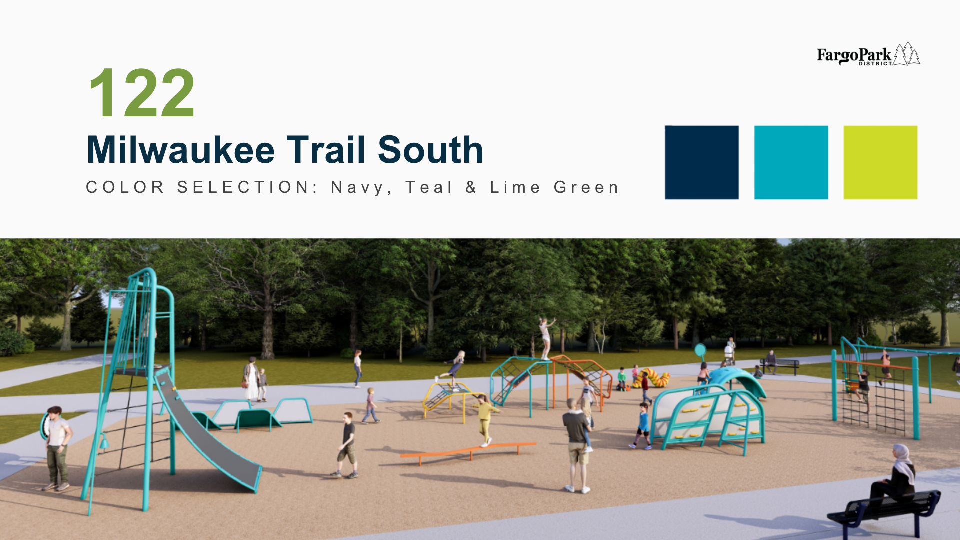 Slide showing Milwaukee Trail South results with 122 responses and the selected color palette: navy, teal, and lime green. A rendering of the playground using those colors appears below.